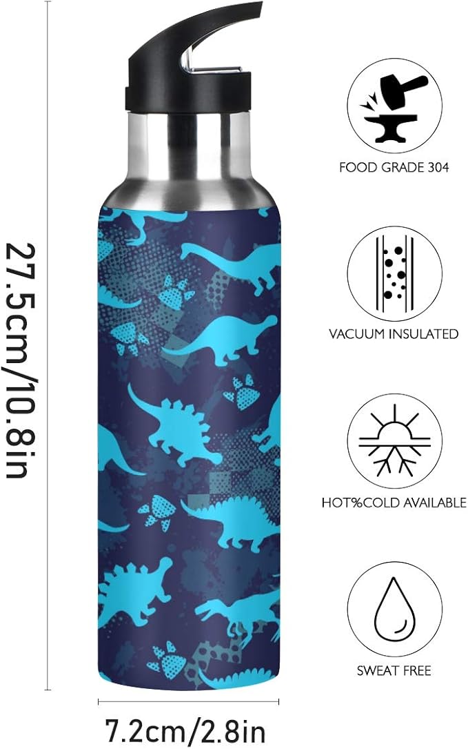 Blueangle Cute Dinosaurs Stainless Steel Water Bottle with Straw, BPA Free Reusable Leakproof Water Jug for Fitness Camping Outdoor Sports