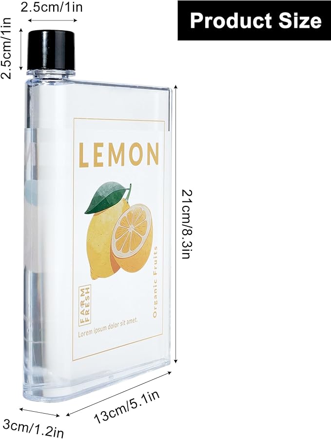 Flat Water Bottle 420ml,Plastic Portable Flat Water Bottle for Purse,Square Water Bottle Flat for Sports Gym Fitness Outdoor,Lemon