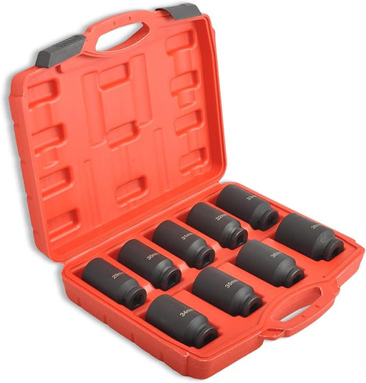 9Pcs 1/2 Inch Drive Deep Impact Socket Set 6 Point Metric 29-38mm Drive Spindle Axle Hub Nut Socket Set, Heavy Duty with Portable Storage Case, Use In Removing And Installing Axle Nuts