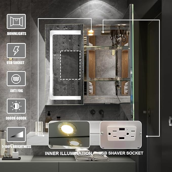Stainless Steel LED Medicine Cabinet,Bathroom Mirror Cabinet with Light,3 Color,Dimmable,Equipped with Defogger,USB Shavor Socket,Internal Light,30×32 Inch