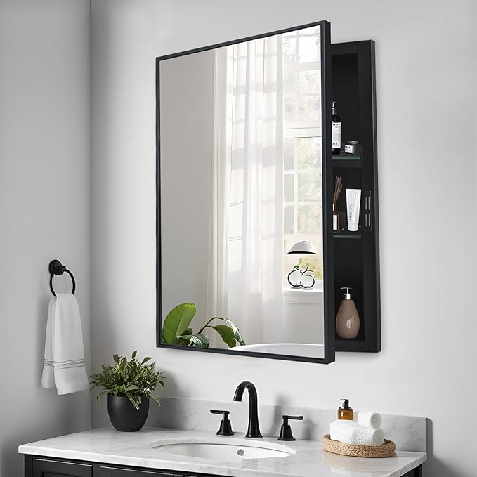 Recessed Medicine Cabinets with Mirror, Black Bathroom Mirror with Storage, Rectangle Medicine Cabinet Vanity Mirrors, Farmhouse Metal Framed Wall Mirror Recessed or Surface Mount, 24x30 Inch