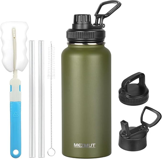 Stainless Steel Water Bottles 32oz Insulated Water Bottle with Straw&3 Lids Double Walled Sports Metal Thermos Water Bottle Cup Leak-Proof Vacuum Insulated Bottles Travel (Army Green)