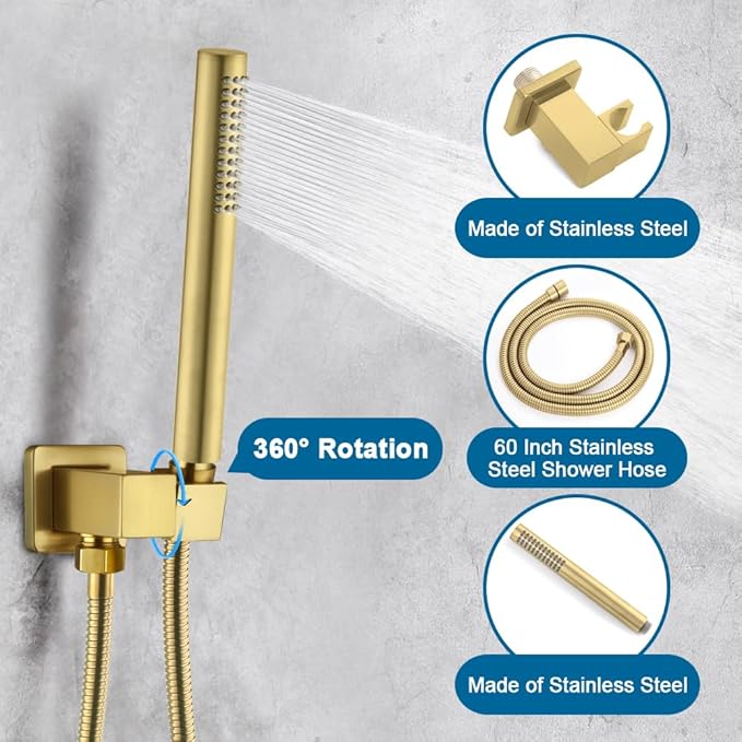POP SANITARYWARE Shower Faucet Set Brushed Gold, 10 Inch Thickened Shower Head and Handle Set Bathroom Rain Shower System Wall Mounted Shower Fixture Include Shower Valve and Trim Kit
