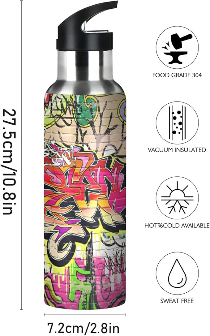 xigua Graffiti Wall Water Bottle, BPA Free Stainless Steel Water Bottle Leak-Proof Sports Bottle for Camping Workouts Gym and Outdoor Activity, 22oz