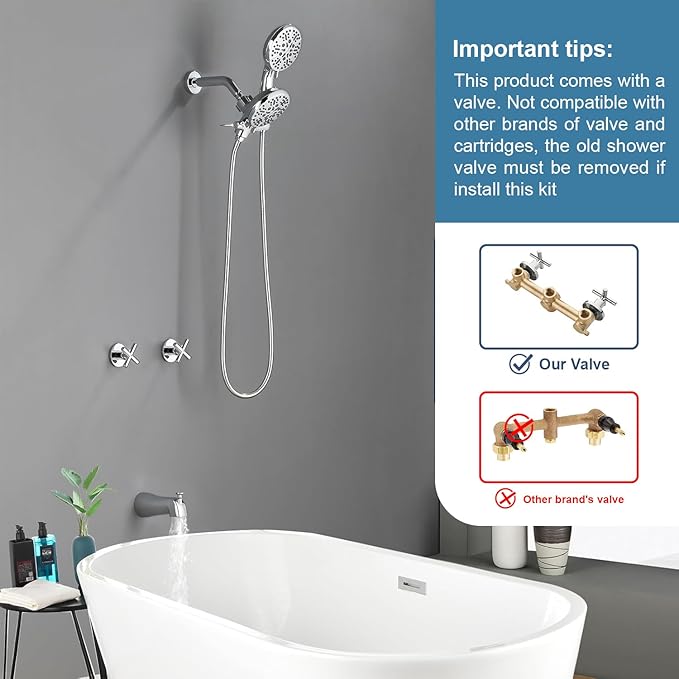 2 Handles Shower Faucet Set with Tub Spout Bathtub Shower Faucet Combo Set Shower System Complete Tub and Shower Trim Kit Chrome Polished Wall Mounted Shower Fixtures