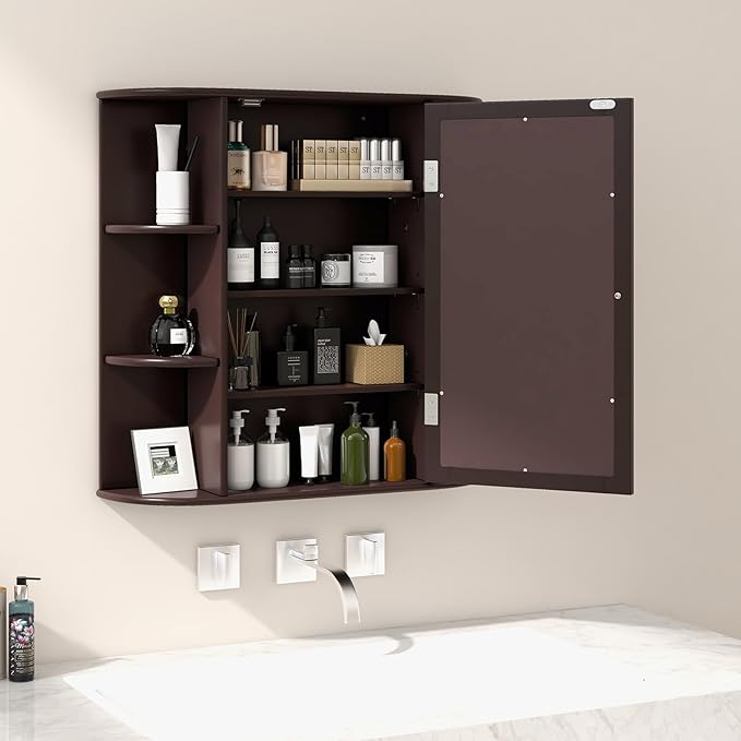 Tangkula Bathroom Medicine Cabinet with Mirror, Wall Mounted Home Storage with Door & 6 Open Shelves, Adjustable Shelves, Mirrored Bathroom Wall Cabinet (Coffee)