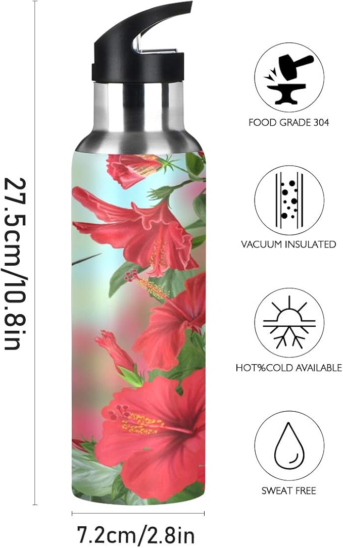 Red Hibiscus Flower Hummingbird Sports Water Bottle, 22 Oz BPA Free Non-Toxic Stainless Steel Water Bottle with Straw for Gym Yoga Fitness Camping