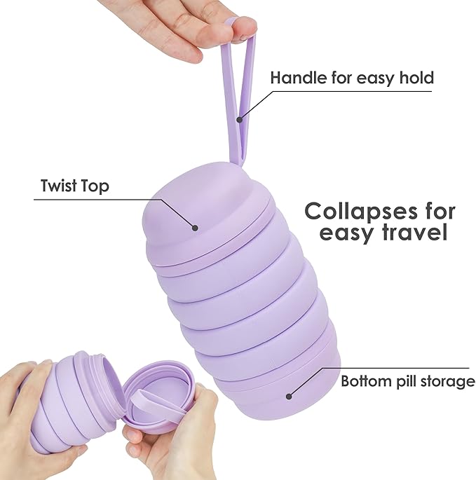 Collapsible Water Bottle, Reusable Water Bottle, Travel Water Bottle, Pill Storage, On the Go, Outdoors, Lunch Water Bottle, BPA Free, Vitamin Storage. (Purple)