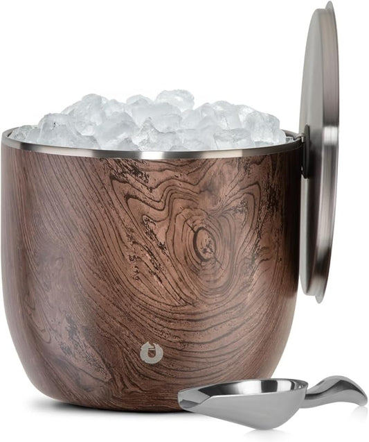 SNOWFOX XL Premium Vacuum Insulated Double Wall Stainless Steel Ice Bucket with Lid/Scoop, Bar Accessories, Large Elegant Party Bucket, Chill Several Bottles, Beautiful Entertaining, 7L, Dark Walnut