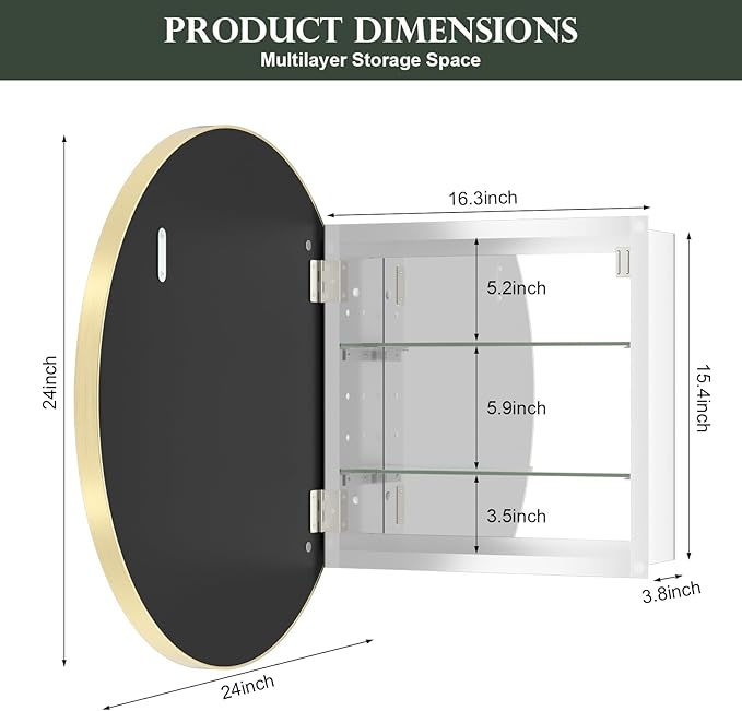 WallBeyond Bathroom Medicine Cabinet with Mirror, 24 Inch Gold Round Mirror Medicine Mabinet Wall Mounted with Aluminum Alloy Metal Framed, Surface Mount Medicine Cabinet with Storage