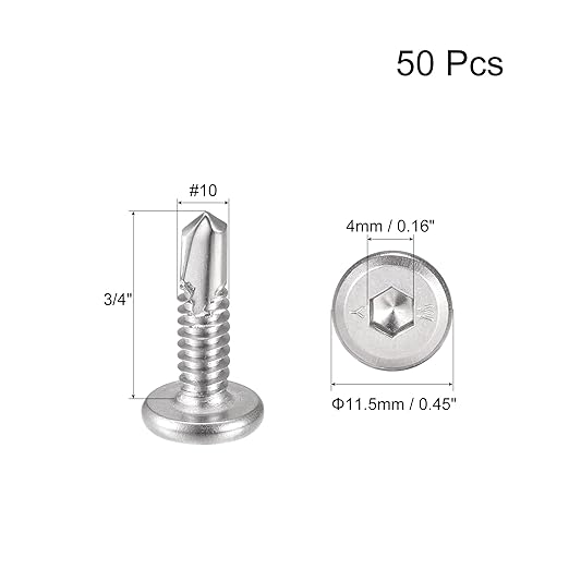 uxcell Hex Socket Self Tapping Screws, #10 x 3/4" 410 Stainless Steel Sheet Metal Flat Head Drilling Screw 50pcs, Silver, Silver