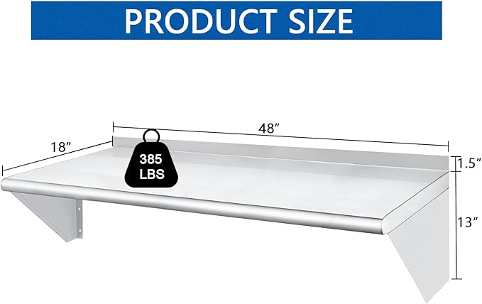HARDURA Stainless Steel Shelf 18" x 48", 385lb Commercial Shelves Wall Mount Metal Shelving with Backsplash and Brackets for Kitchen, Restaurant, Laundry Room and Home