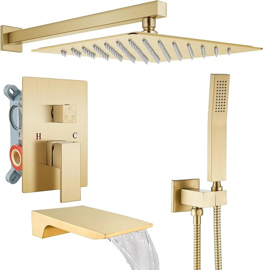 gotonovo Shower System with Tub Spout,Waterfall Tub Shower Faucet Set for Bathroom Head and Handle Set Wall Mounted 3 Function Rough-in Valve and Trim Included 12 inch Shower Head Brushed Gold