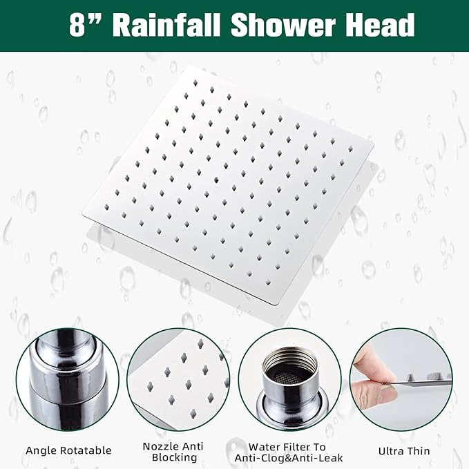 Shower Head - Shower Faucet Set Square Shower Combo System with 8'' Rainfall Shower Head Wall Mount Handheld Shower, Stainless Steel with Chrome Finish Bath Shower Head,Chrome
