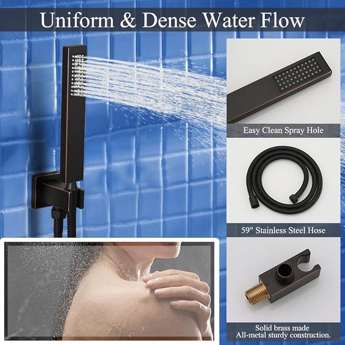 12 Inch Oil Rubbed Bronze Ceiling Mount Shower System Bathroom Luxury Rain Mixer Shower Combo Set Ceiling Rainfall Shower Head System Faucet Contain Rough-in Valve and Trim Included