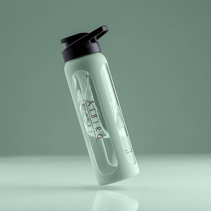 Fitness | Protein Shaker Made of Glass | Protein Shaker | Drinking Bottle | with Spiral Ball | Black (pastel green)