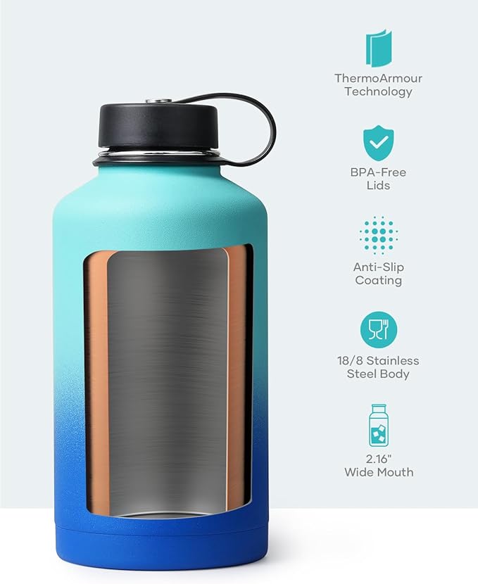 BUZIO Vacuum Insulated Stainless Steel Water Bottle 64oz (Cold for 48 Hrs/Hot for 24 Hrs) BPA Free Double Wall Travel Mug/Flask for Outdoor Sports Hiking, Cycling, Cam,Camping, Running, Pacific Dream