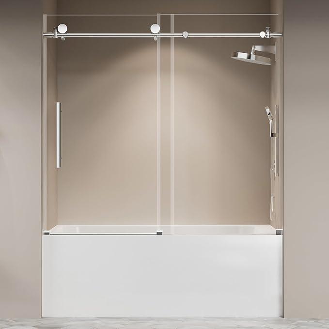 Frameless Tub Shower Door 56"-60" W X 59" H,Shower Doors for Bathtub,Sliding Door with 5/16" (8mm) Clear Tempered Glass,Silent Soft-Close Design,Stainless Steel Hardware,Sturdy Bathroom Door,Silver