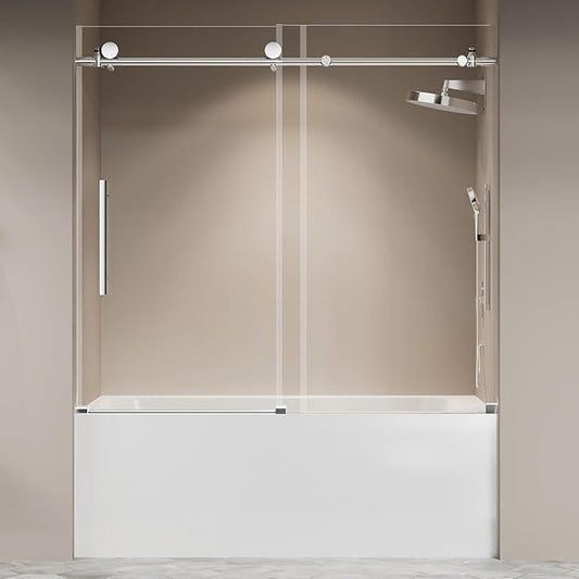 Frameless Tub Shower Door 56"-60" W X 59" H,Shower Doors for Bathtub,Sliding Door with 5/16" (8mm) Clear Tempered Glass,Silent Soft-Close Design,Stainless Steel Hardware,Sturdy Bathroom Door,Silver