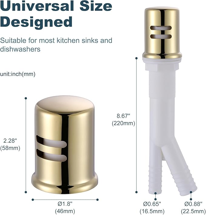 Dishwasher Air Gap Cover, Dishwasher Air Gap Cap for Kitchen Sink, Solid Brass Dishwasher Overflow Vent Cap Replacement Kit, Polished Brass