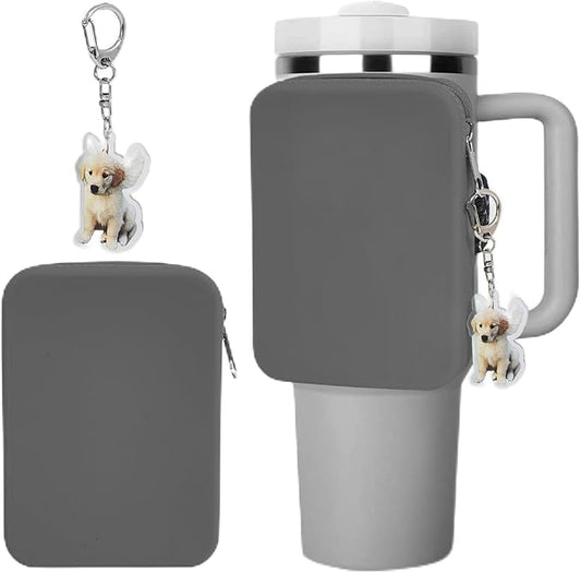 Water Bottle Pouch for Stanley Tumbler,Silicone Waterproof Fanny Pack for Stanley Cup 30/40oz Universal,Large Capacity Durable Tumbler Pouch-Gray