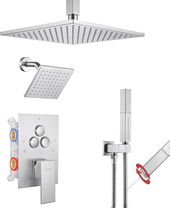 VANFOXLE Shower Faucet Set Brushed Nickel Shower System,Push Button Diverter Shower Faucet with 2 in 1 Handheld,Ceiling Mount Increased Thickness 10 Inch Shower Head with 6 Inch Wall Mount Shower Head