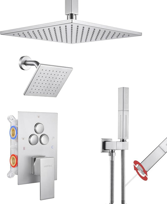 VANFOXLE Shower Faucet Set Brushed Nickel Shower System,Push Button Diverter Shower Faucet with 2 in 1 Handheld,Ceiling Mount Increased Thickness 10 Inch Shower Head with 6 Inch Wall Mount Shower Head
