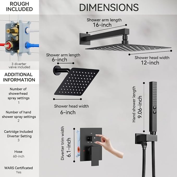 Thermostatic Shower System Matte Black, STARBATH Shower Faucets Sets 12+ 6" Wall Mount Rain Shower and 2 in 1 Handhled, Can Use All at Once, Push Button 3 Modes Valve and Trim Kit Complete Shower Set