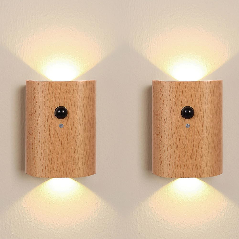 LANDGOO Wooden LED Step Lights Wall Lamp, 2700-3000K Motion Sensor Night Lights, Rechargeable Stair Lights for Hallway Indoor Lighting(White Ash Wood 2PCS)