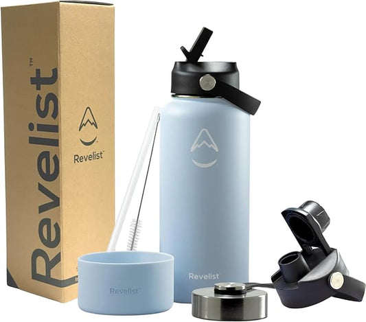 Revelist Sports Water Bottle - 32 Oz, 3 Lids (Straw Lid, Spout & Screw Top) with Boot, Vacuum Insulated Stainless Steel, Double Walled, Reusable Water Flask, Metal Canteen - Mist Blue