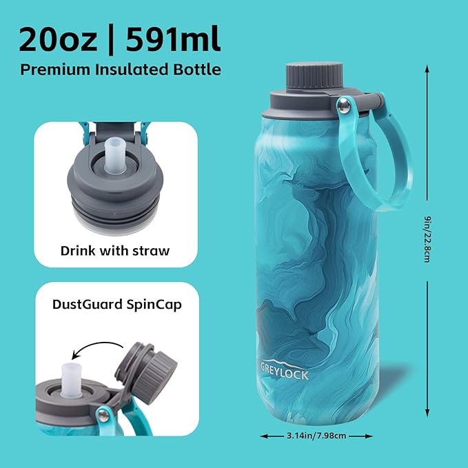 Greylock 20 oz Insulated Stainless Steel Water Bottle with Straw Lid- BPA-Free Leak Proof When Closed, Reusable Metal Water Bottle with Carry Handle for Travel Camping, 24 Hours Cold (Tides)