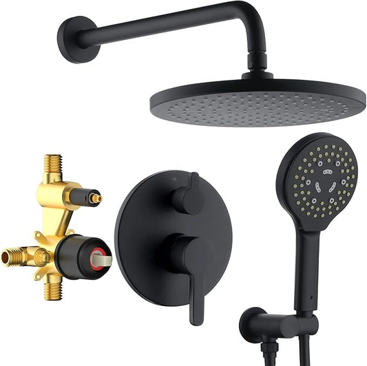 Matte Black Shower Faucet Set, Wall Mount Rain Shower System 10 Inches Shower Head and Shower Handheld, Included Pressure Balance Valve and Trim Kit