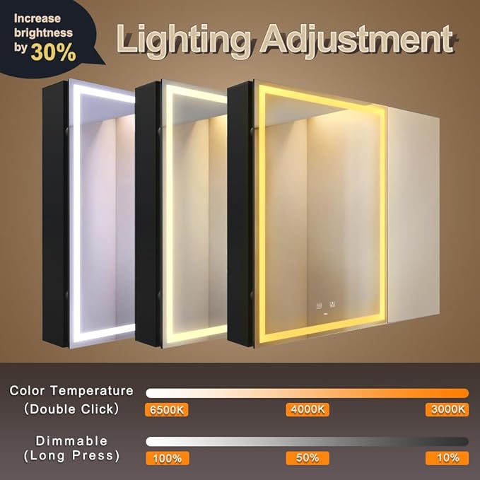 KWW 30 x 28 Inch Double Doors LED Lighted Bathroom Medicine Cabinet, Defogger, Dimmable, 3 Color Light Makeup Mirror, Outlets & USBs, Easy to Install, Wall Mounted Mirror Cabinet