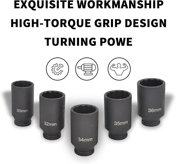 5Pcs 1/2" Drive Deep Impact Socket Set 12 Point Metric 30mm 32mm 34mm 35mm 36mm Drive Spindle Axle Hub Nut Socket Set,Heavy Duty w/Portable Storage Case,Use In Removing And Installing Axle Nuts
