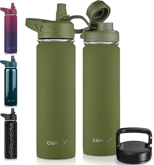 CIVAGO 22 oz Insulated Water Bottle With Straw, Stainless Steel Sports Water Flask Cup with 3 Lids (Straw, Portable Spout and Handle Lid), Double Walled Travel Thermal Canteen Mug, Army Green