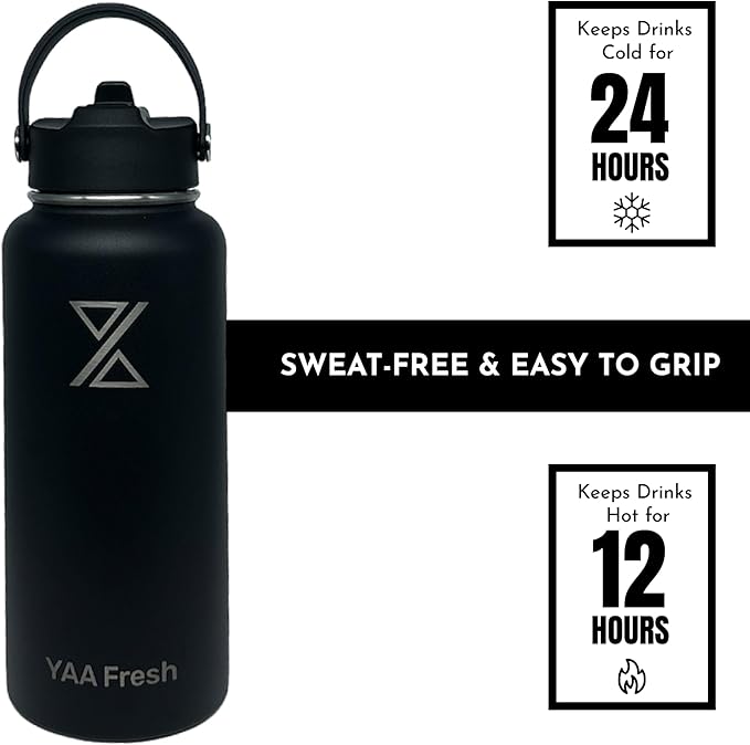 Yaa Fresh 32Oz BPA-Free 24 Hr Cold/12 Hr Hot Insulated Stainless Steel Sports Water Bottle with Straw and Lid, Food-grade Double Walled, Leakproof, Insulated Thermos, Wide Mouth for Men, Women & Kids