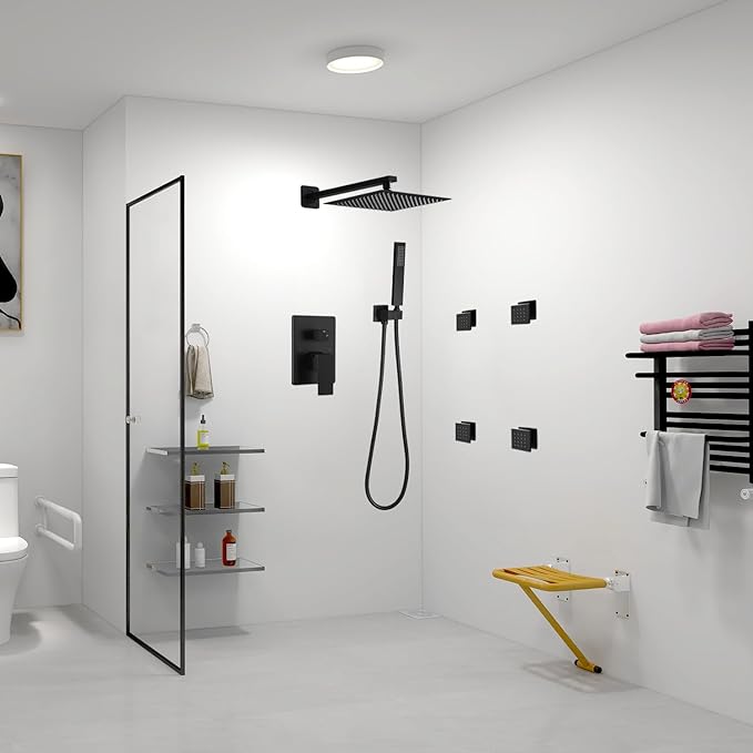 Matte Black Shower Faucet Set with Body Jets 10 Inch Matte Black Shower Head Handheld Shower Combo Set High Pressure Wall Mount with Rough-in Valve