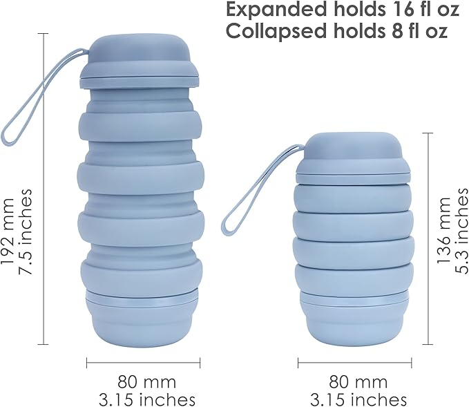 Collapsible 16 oz Water Bottle, Reusable Water Bottle, Portable Water Bottle, Pill Storage, Silcone Water Bottle, BPA Free, Vitamin Storage. (Blue)