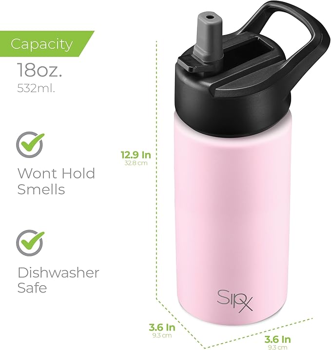 SipX™ Triple-Insulated Stainless Steel Water Bottle 18oz. With 3 Lids, BPA-Free Reusable Insulated Water Bottle Keeps Cold 24 Hours, Metal Water Bottle Made Of Sustainable Material For Hiking & Biking