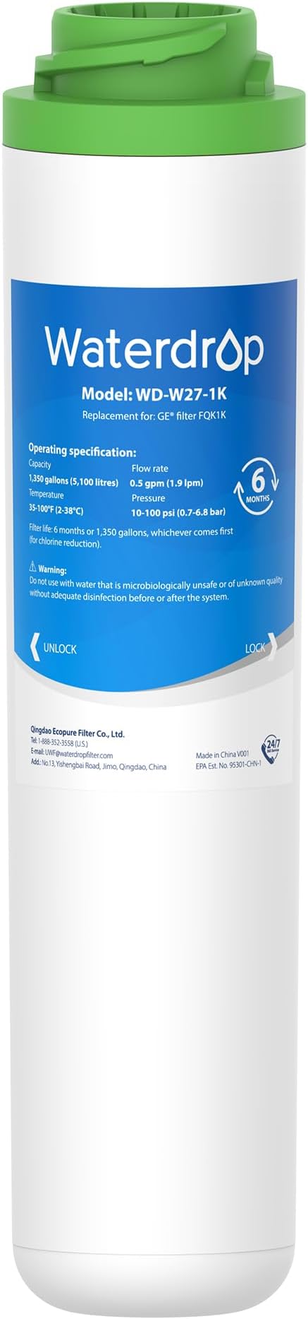 Waterdrop FQK1K Under Sink Water Filter, 1350 Gallons, Replacement for GE FQK1K, FQK2J, GXK185K and GX1S50R (Pack of 1)