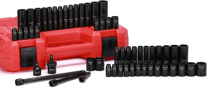 CASOMAN 55PCS 1/4-Inch Drive Impact Socket Set, Shallow & Deep, 5/32 Inch - 9/16 Inch, 4mm - 15mm, Metric/SAE, 6-Point, Cr-V Steel Socket Set