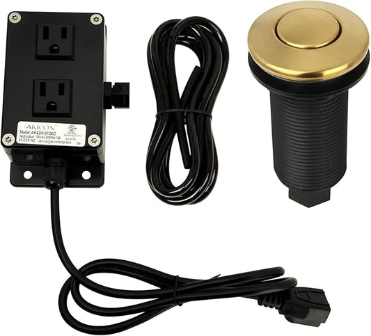Akicon Garbage Disposal Kitchen Air Switch Kit, Dual Outlet Sink Top/Counter Top Waste Disposal On/Off Switch Kit, 2-1/2'' Max Countertop Thickness (Brass Gold)