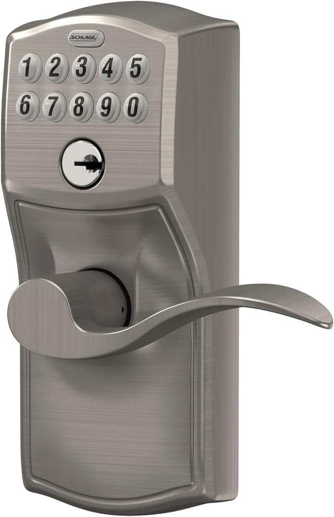 SCHLAGE FE595 CAM 619 ACC Camelot Keypad Entry with Flex-Lock and Accent Levers, Satin Nickel