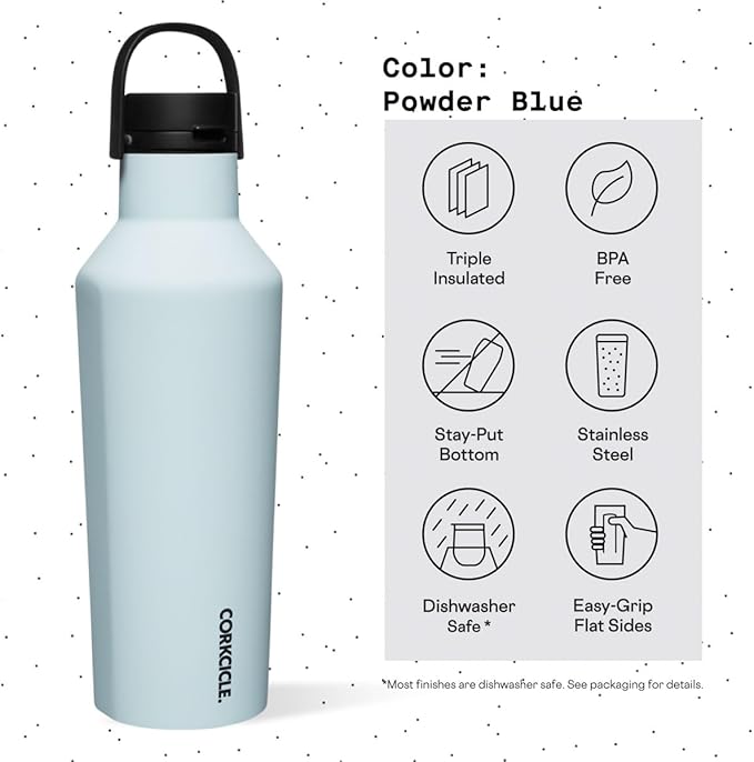 Corkcicle Insulated Canteen Travel Water Bottle, Triple Insulated Stainless Steel, Easy Grip Quick Sip Cap, Keeps Beverages Cold for 25 Hours or Warm for 12 Hours, 32oz, Powder Blue