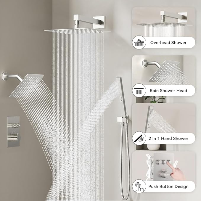 Thermostatic Shower System Brushed Nickel, STARBATH Shower Faucets Sets 12+ 6" Wall Mount Rain Shower and 2 in 1 Handhled, Can Use All at Once, Push Button 3 Modes Valve Complete Shower Set
