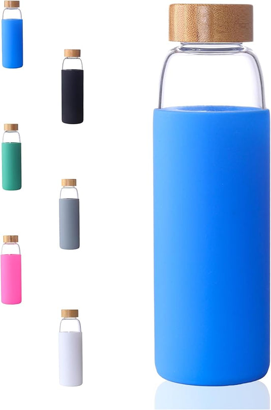 Laster Glass Water Bottle 20 Oz, 600 ml, made of Borosilicate Glass, 1 Bamboo & 1 Stainless Steel Lid, BPA Free, Non-Slip Silicone Sleeve (Ocean Blue)
