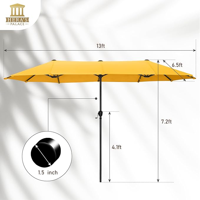 HERA'S PALACE 13 Ft Double-Sided Twin Patio Umbrella, Outdoor Double Sided Market Patio Umbrella with Crank, Powerful UV Protective (Gold Yellow)