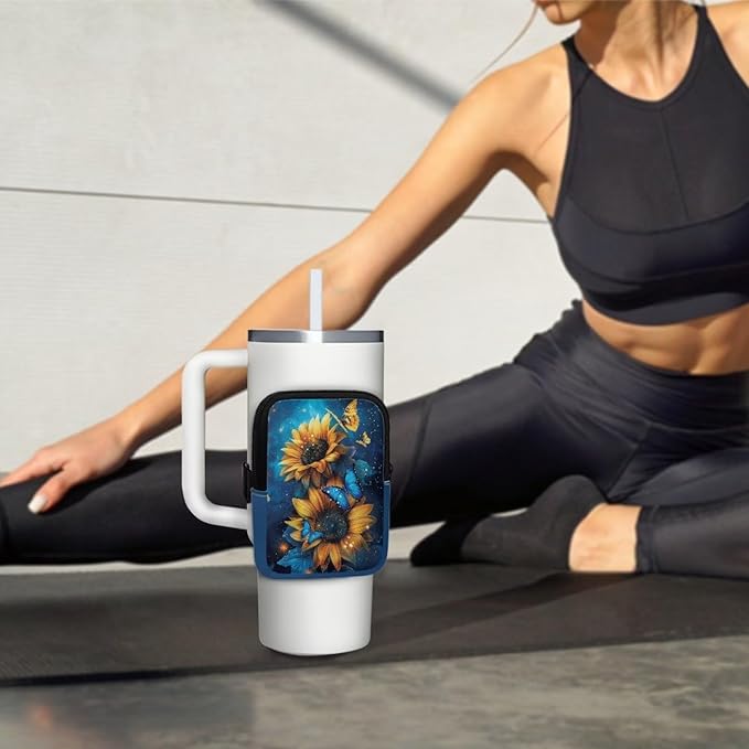 Sunflower Butterfly Stanley Cup Pouch with Adjustable Strap Water Bottle Storage Bag 20oz-40oz IceFlow Tumbler Pouch for Stanley Accessories