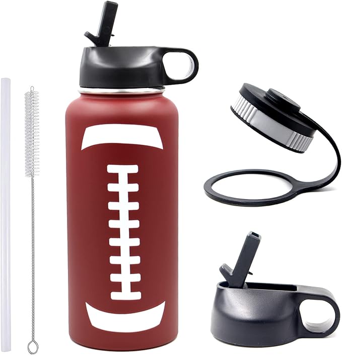 32 oz Football Water Bottle, Flask Sports with 2 Lids 18/8 Stainless Steel Travel Tumbler Double Wall Vacuum Insulated Hot/Cold (32oz, Football)