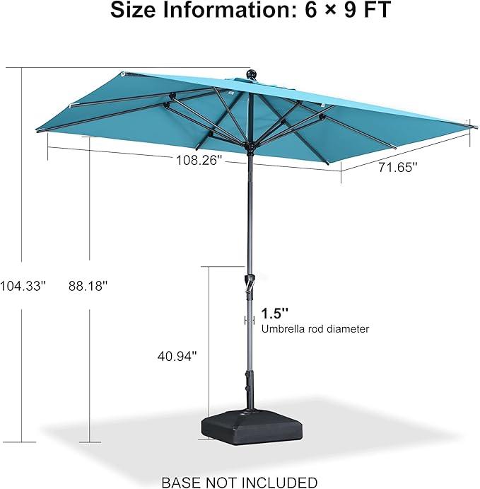 PURPLE LEAF 9' x 6' Rectangular Patio Umbrella Outdoor Table Umbrella Aluminum Frame Market Umbrella Sun Umbrella with 8 Sturdy Ribs Tilt for Garden Deck Lawn Pool Turquoise Blue